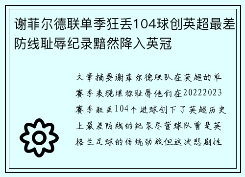 谢菲尔德联单季狂丢104球创英超最差防线耻辱纪录黯然降入英冠