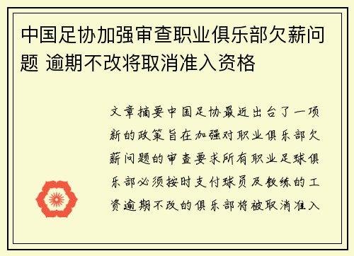 中国足协加强审查职业俱乐部欠薪问题 逾期不改将取消准入资格