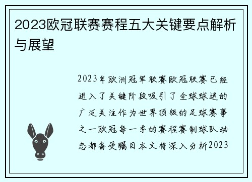 2023欧冠联赛赛程五大关键要点解析与展望